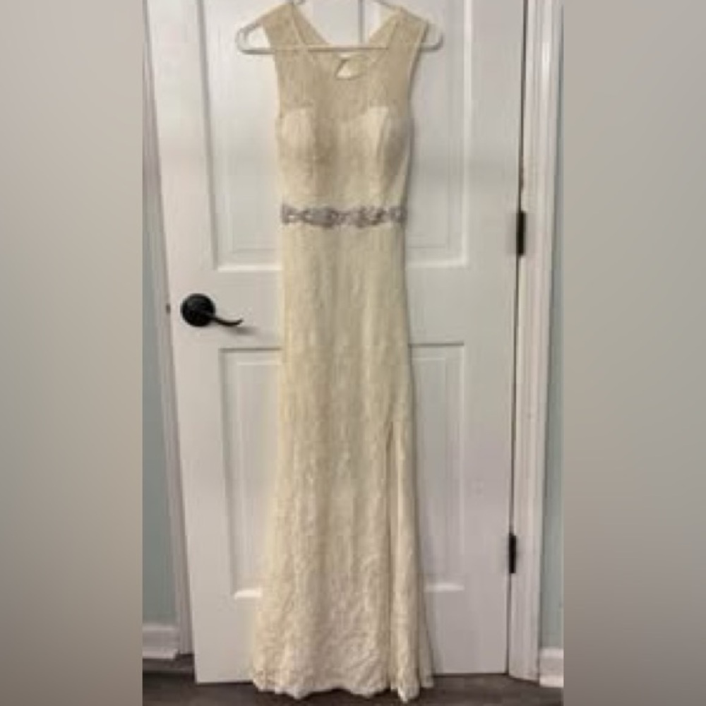 Jodi Kristopher Cream Lace Gown with Silver Accents